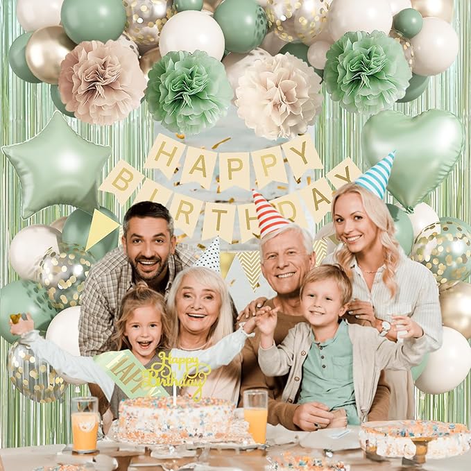 Sage Green Birthday Decorations, Neutral Green Gold Nude Party Décor with Foil & Latex Balloons Sash Fringe Curtains Happy Birthday Banner Cake Topper Paper Pompoms Party Decor for Women Girl