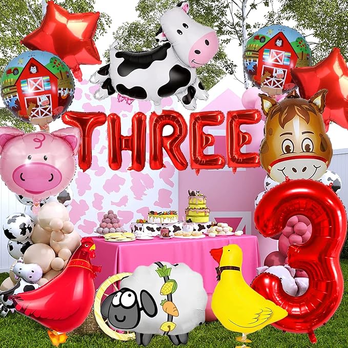14pcs Farm Animal Balloons (Cow, Sheep, Duck, Rooster, Pig, Donkey) for 3rd Birthday Party Decor, Unisex, Children, Red