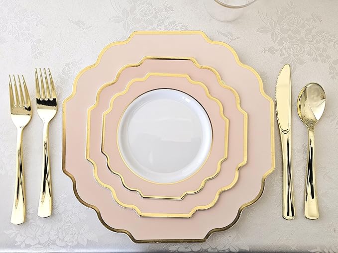 " OCCASIONS " 150 Piece set (25 Guests)-Wedding Plastic Plates & cutlery -Disposable heavyweight Dinnerware 10.5'', 8'' + Silverware w/double fork (Imperial in Blush Pink & Gold)
