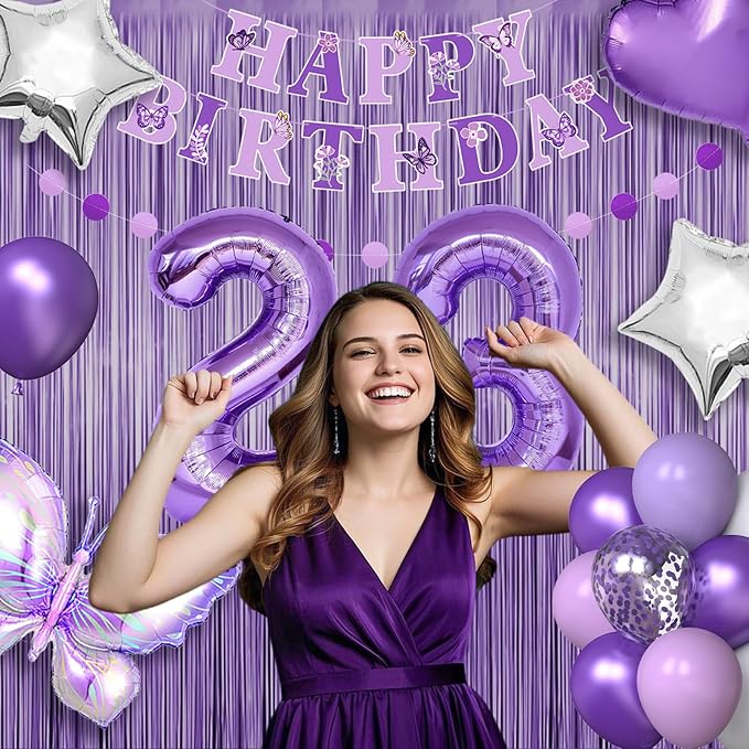 23rd Purple Birthday Decorations for Women, Purple Pink 23rd Birthday Decorations Butterfly Theme Lavender Party Decor Set with Number Balloons, Banner, Sash, Butterfly Stickers