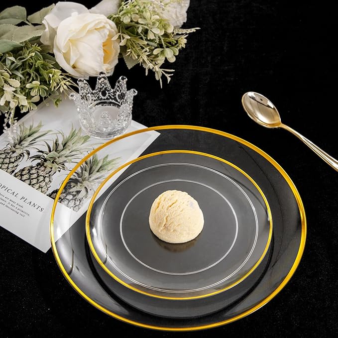 LIYH 60 Pcs Clear and Gold Plastic Plates Heavy Duty Clear Disposable Plates for Party Gold Plastic Plate for Wedding Birthday Include 30 Dinner 30 Dessert Plate