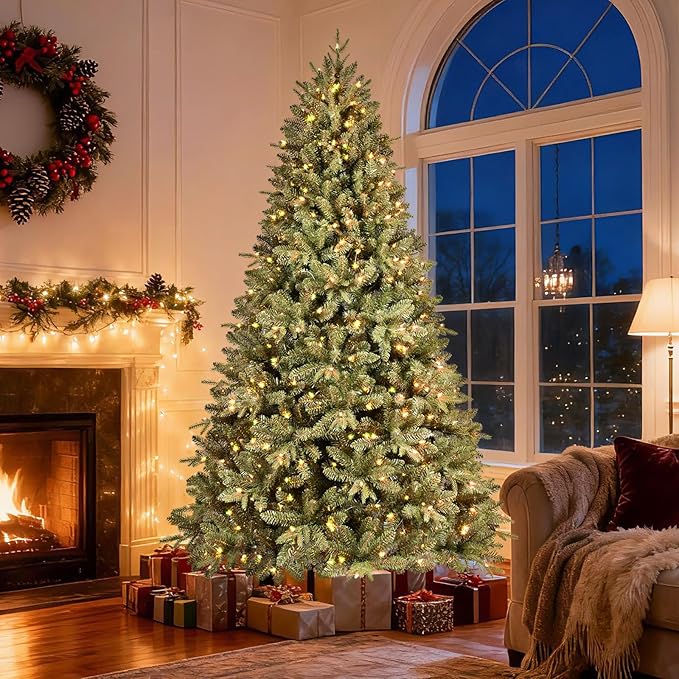 6FT Pre-Lit Artificial Christmas Tree with 1458 PE&PVC Mixed Branch Tips, 400 Warm White Lights, Hinged Premium Spruce Fake Xmas Trees, Green, Foldable Base