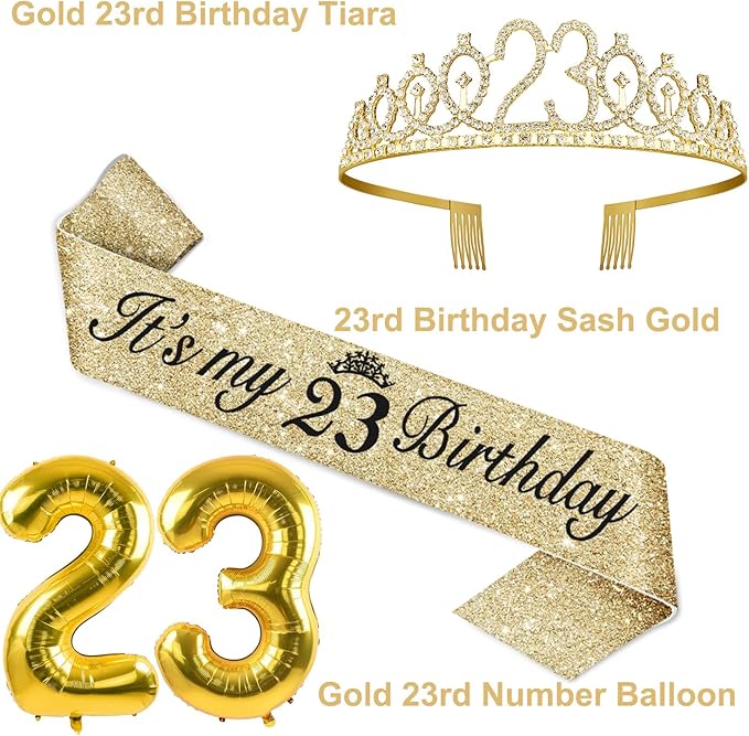23rd Birthday Decorations for Women Gold Set with 23rd Birthday Tiara and Sash, Cake Topper and Number Candles , Balloons, 23 Year Old Gifts for Women