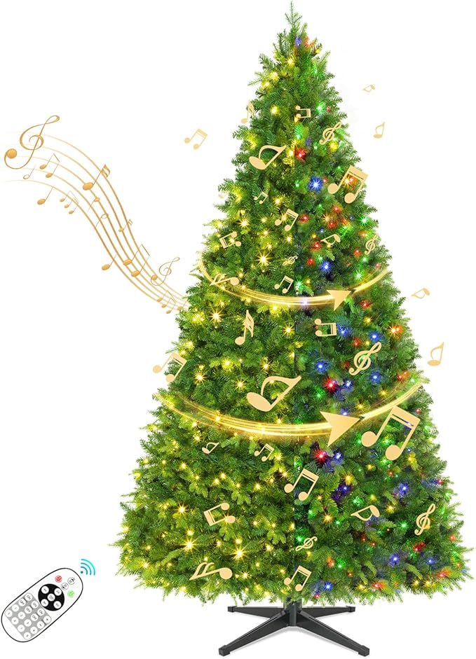 6.5FT Pre-Lit Artificial Christmas Tree with Remote, 340 LED Lights 1036 Branch Tips Xmas Tree, Musical Rotating Christmas Tree Base for Holiday