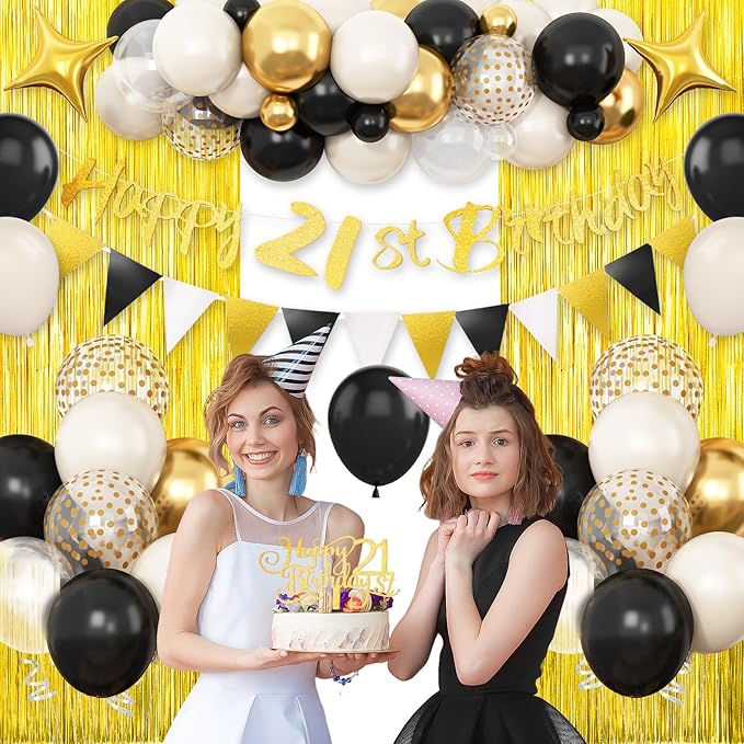 21st Birthday Decorations Beige Black Gold, 21st Birthday Balloons, Glitter 21st Birthday Banner with Fringe Curtain Cake Toppers Number 21 Star Foil Balloon for Boys 21 Year Old Party Decorations