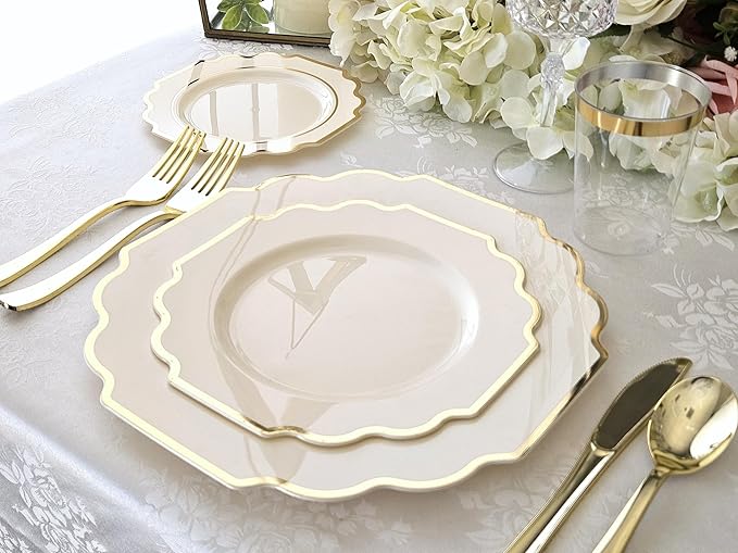 OCCASIONS 360 Pcs set (60 guest) Wedding Disposable Plastic Plate and Silverware Combo 10.5" + 8" + Silverware (Double Fork) (Imperial in Ivory & Gold Rim, Gold Silverware)