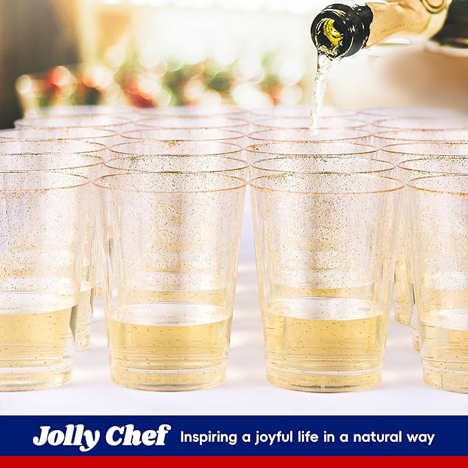 JOLLY CHEF 100 Pack 10 oz Gold Plastic Cups, Disposable Gold Glitter Cups, Clear Plastic Tumblers Perfect for Weddings, Receptions & Parties