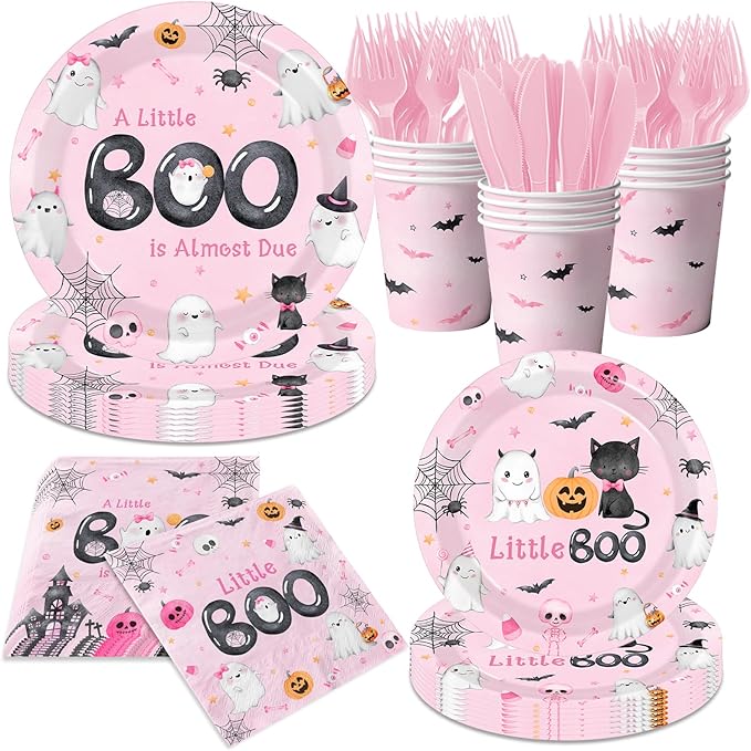 A Little Boo Is Almost Due Baby Shower Girl Decorations,144pcs Pink Halloween Baby Shower Plates and Napkins Cups for Boo baby Shower Decorations,Serves 24