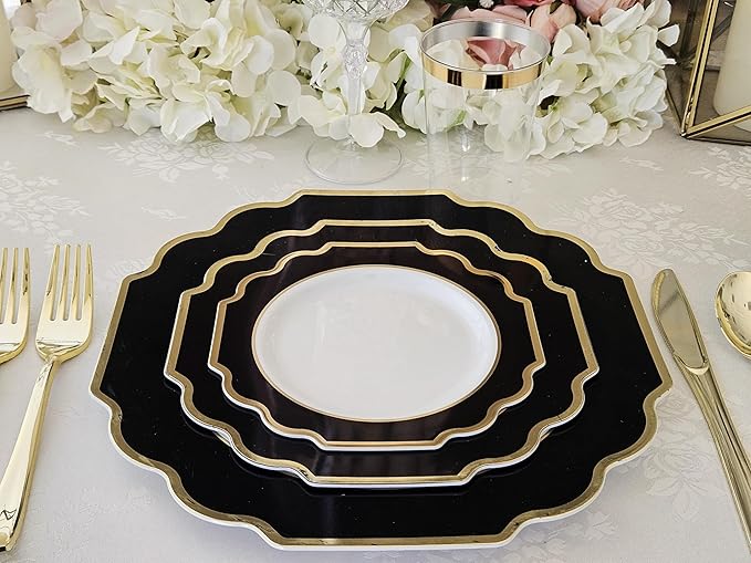 " OCCASIONS " 150 Piece set (25 Guests)-Wedding Plastic Plates & cutlery -Disposable heavyweight Dinnerware 10.5'', 8'' + Silverware w/double fork (Imperial in White/Black & Gold)