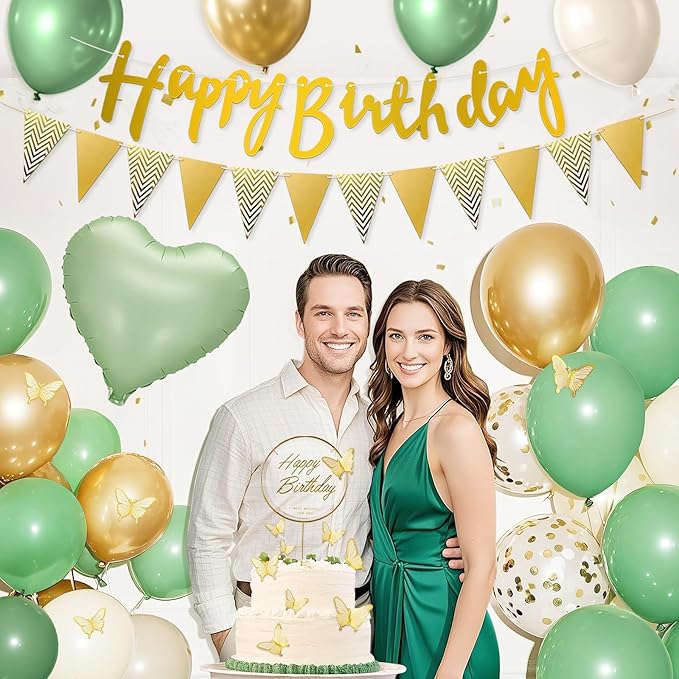 23rd Sage Green Birthday Decorations, Boho Green White Gold Balloons Decorations for Girls, Happy 23 Birthday Party Supplies with Happy Birthday banner, Number Foil Balloon, Butterfly Cake Topper