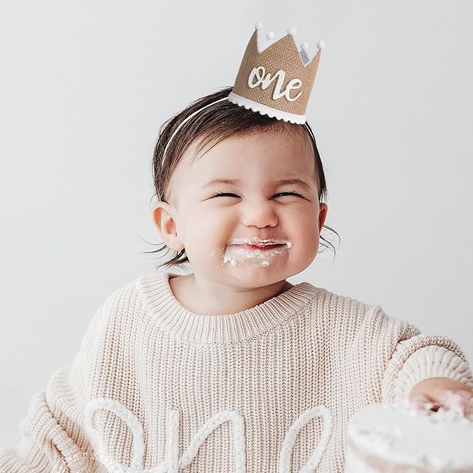 KOJIN 1 St Linen Birthday Hat For Boy - 1st Natural Decor Birthday Hat, Retro Style White Cake Smash Photo Prop