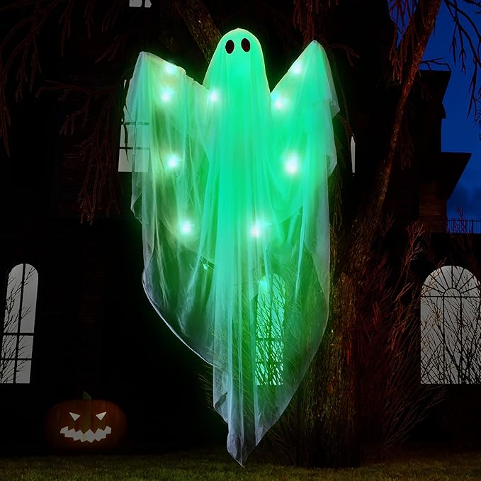 JOYIN Halloween Hanging Light up Ghost with Spooky Green LED Light, 47” Halloween Hanging White Ghosts Decoration for Front Yard Patio Lawn Garden Party Decor Indoor Outdoor