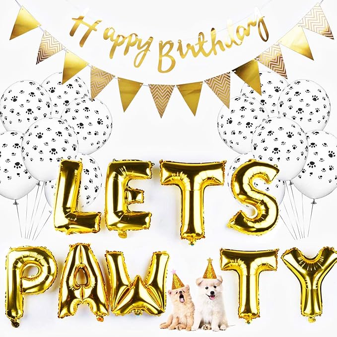 Legendog Golden Dog Paw Print Balloons Cat Birthday Hat Happy Birthday Banner Foil Balloons Lets Pawty Letters Decorations (Includes Filling Pump)