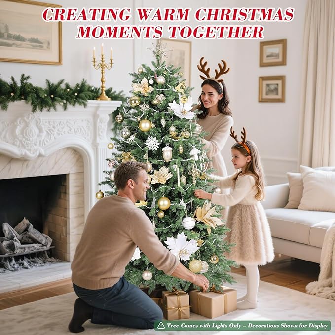 6ft Christmas Tree Prelit w/ 2085 PE & PVC Mixed 'Feel Real' Branch Tips, 400 Warm LED Lights, Hinged Spruce Artificial Xmas Tree with Metal Stand & Bag for Home, Office, Party Décor