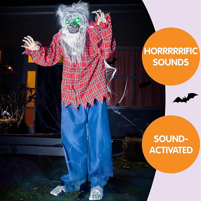 JOYIN 65" Halloween Decoration Outdoor Standing Werewolf Animatronics Clearance, Life Size Animated Ghost with LED Eyes and Creepy Sound, for Haunted House Decor Lawn Yard Patio