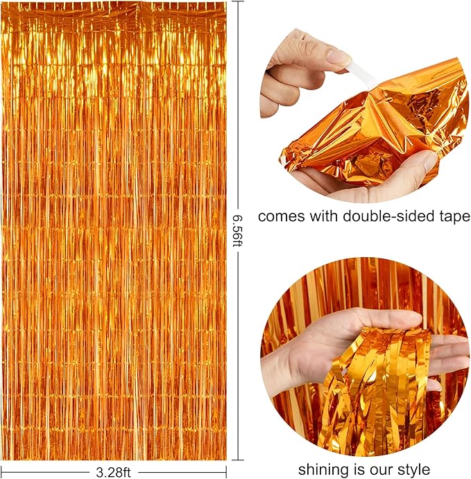 TONIFUL 3Pcs Orange Door Streamers,Photo Booth Backdrop Metallic Streamers Foil Fringe Curtains for Halloween Thanksgiving New Year Bachelorette Birthday Party Streamers Decor(9.9ft x 6.6ft)