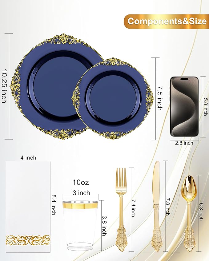 Nervure 175PCS Blue Plastic Plates - Blue Gold Plastic Dinnerware Set Disposable Include 50 Plates for Dinner and Dessert, 25Knives, 25Spoons, 25Forks, 25Cups, 25Napkins for Weddings & 4th of July
