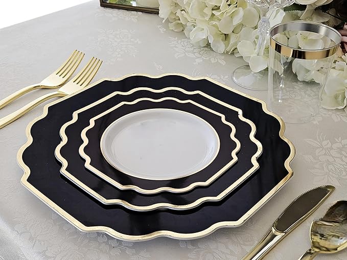 " OCCASIONS " 150 Piece set (25 Guests)-Wedding Plastic Plates & cutlery -Disposable heavyweight Dinnerware 10.5'', 8'' + Silverware w/double fork (Imperial in White/Black & Gold)
