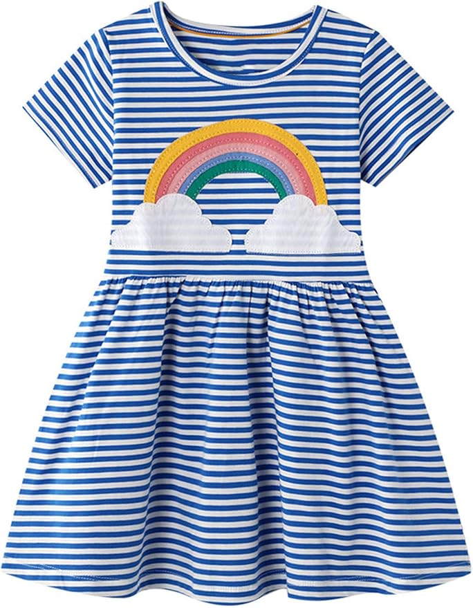 FreeLu Toddler Girls Striped Summer Dress Cartoon Appliques Dresses Girls Cotton Casual Clothing 2-7Y