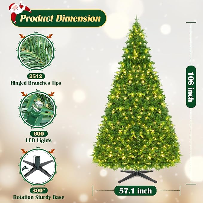 Artificial Full Christmas Tree, Rotating & Foldable Stand, 9ft Pre-Lit Spruce Holiday Xmas Musical Tree with Remote, RGB & Warm White Light, Green