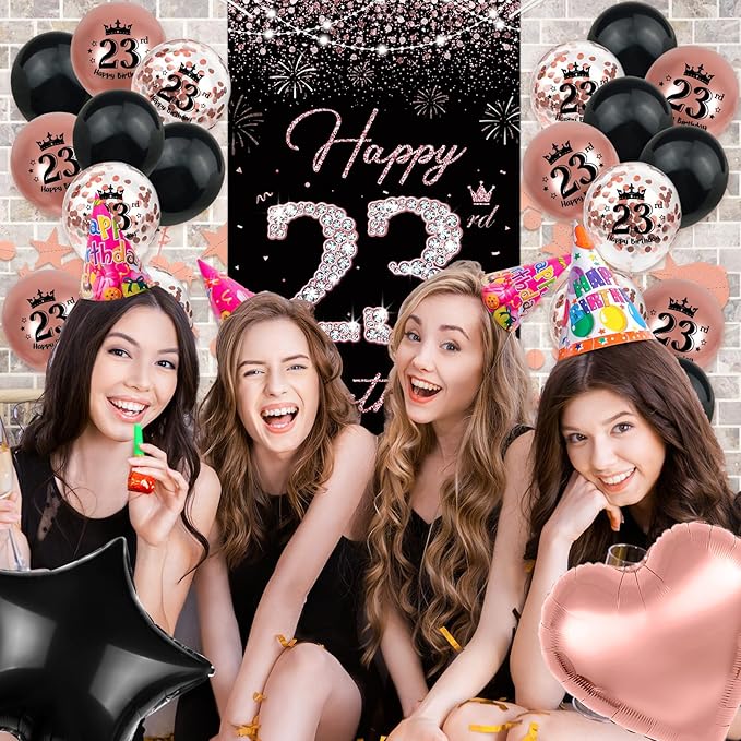 23rd Birthday Decorations for women, TSVATE Rose Gold Happy 23rd Birthday Decorations, Happy 23 rd Banner, Twenty Three Backdrop for Yard Door Wall, 23 Balloons, Pompoms, Star Streamer