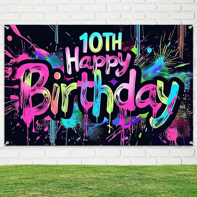 Neon 10th Happy Birthday Banner 71x43 Inch Paint Splatter Glow in The Dark Party Backdrop Colorful Wall Decor for Kids Boys Girls Tenth Birthday Celebrations Photo Booth Event Supplies partyjju`sexclusive