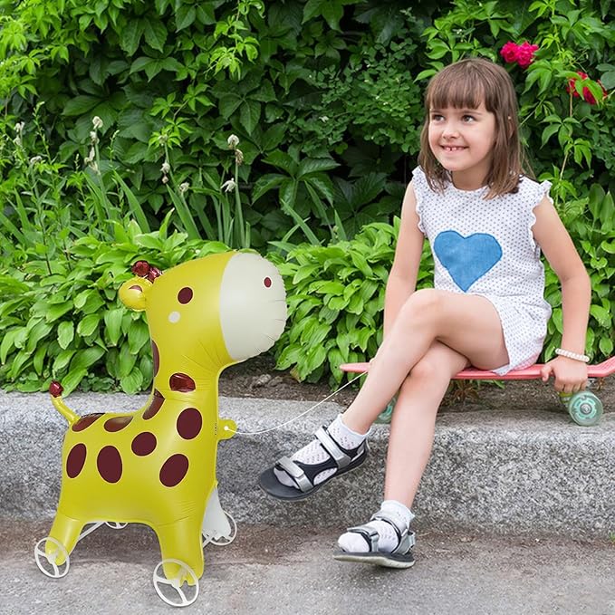 Walking Giraffes Foil Balloons With Wheels Self Standing large Giraffes animal balloon Cute Giraffe Mylar Balloons for Jungle Safari baby Shower Animal Theme Birthday Party Decorations Supplies