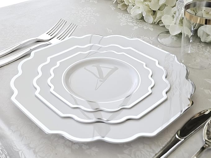 " OCCASIONS " 120 Plates Pack,(60 Guests) Heavyweight Wedding Party Disposable Plastic Plates Set -60 x 10.5'' Dinner + 60 x 8'' Salad/Dessert Plate (Imperial in White & Silver Rim)