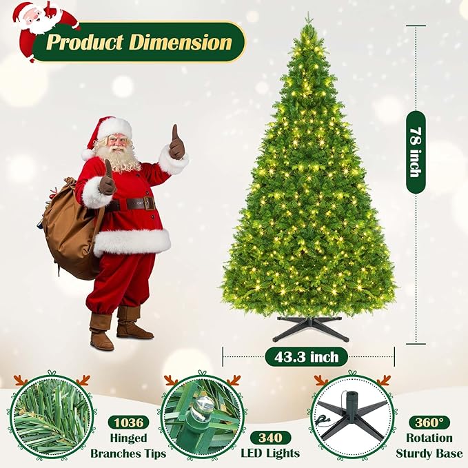 6.5FT Pre-Lit Artificial Christmas Tree with Remote, 340 LED Lights 1036 Branch Tips Xmas Tree, Musical Rotating Christmas Tree Base for Holiday