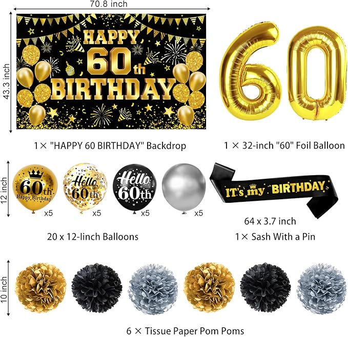 partyjju`s 58PCS 60th Birthday Decorations for Men Women, 60th Black Gold Party Supplies Backdrop, Honeycomb Centerpieces, Banner, Hanging Swirls, Foil & Latex Balloon, Cake & Cupcake Toppers, Pompons, Sash