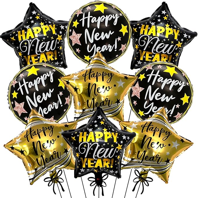 9pcs Happy New Year Balloons, Black And Gold Foil Mylar Balloon For New Years Eve Party Supplies 2026