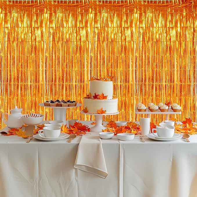 TONIFUL 3Pcs Orange Door Streamers,Photo Booth Backdrop Metallic Streamers Foil Fringe Curtains for Halloween Thanksgiving New Year Bachelorette Birthday Party Streamers Decor(9.9ft x 6.6ft)
