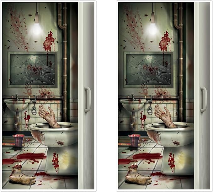 Beistle Creepy Crapper Restroom Door Covers, 5’ x 30”, 2 Pieces – Plastic for Indoor & Outdoor Use – Easily Display – Halloween Party Decorations, Horror Crime Scene Decor, Murder Mystery Party