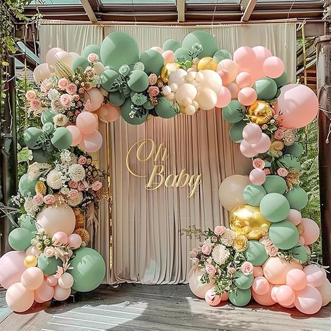 PartyWoo Pink and Green Balloon Arch Kit Garland 142pcs Different Sizes of 18 12 10 5 Inch Metallic Gold Baby Pink Sage Green Sand White Nude Gold Confetti Balloons for Birthday Party Decorations