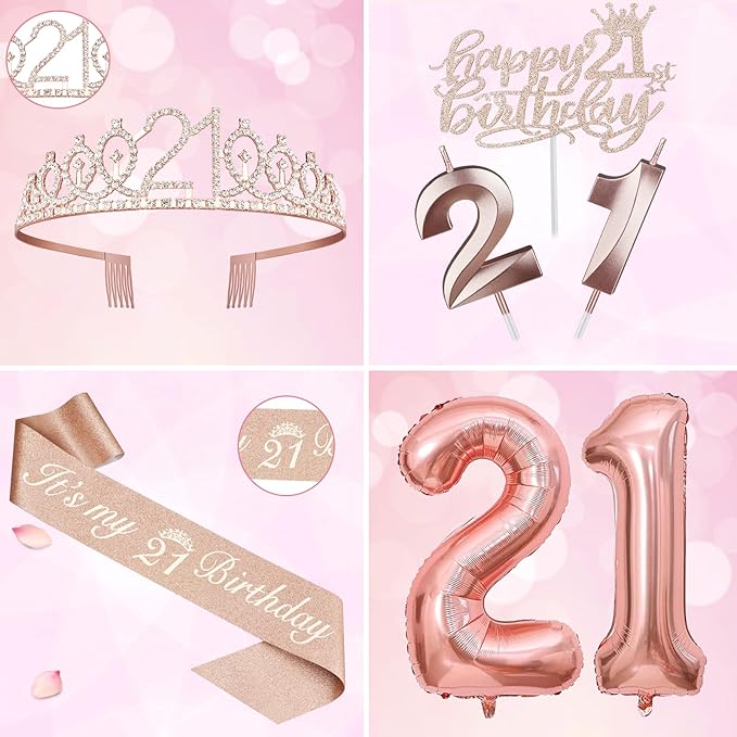 21st Birthday Decorations for Her, Include 21st Birthday Sash and Tiara, Cake Topper and Candles, Number Balloons, 21 Year Old Gifts for Her