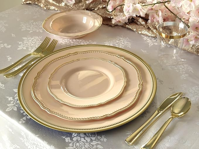 " OCCASIONS " 240 Plates Pack,(120 Guests) Heavyweight Premium Disposable Plastic Plates Set -120 x 10.25'' Dinner + 120 x 7.5'' Salad/Dessert (Rochelle Antique Rose and Gold)