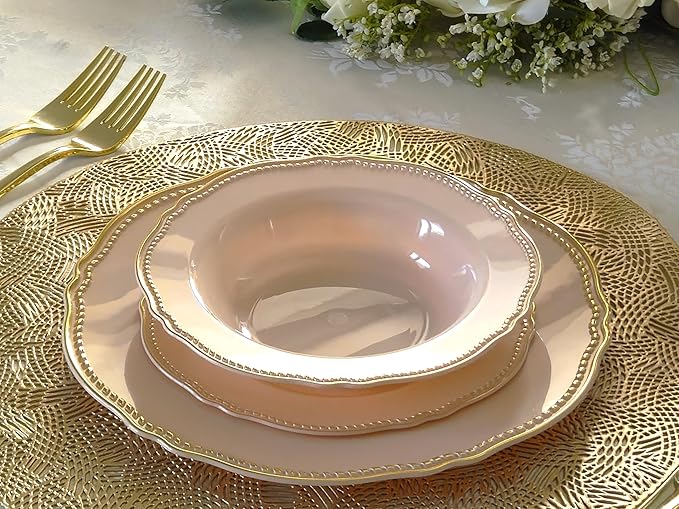 " OCCASIONS " 240 Plates Pack,(120 Guests) Heavyweight Premium Disposable Plastic Plates Set -120 x 10.25'' Dinner + 120 x 7.5'' Salad/Dessert (Rochelle Antique Rose and Gold)