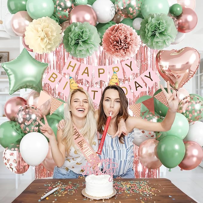 Rose Gold and Sage Green Birthday Decorations, Retro Avocado Green Party Décor with Foil & Latex Balloons Sash Fringe Curtains Happy Birthday Banner Cake Topper Paper Pompoms Decor for Women Girl