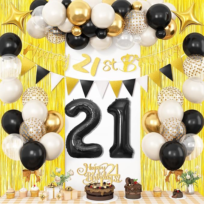 21st Birthday Decorations Beige Black Gold, 21st Birthday Balloons, Glitter 21st Birthday Banner with Fringe Curtain Cake Toppers Number 21 Star Foil Balloon for Boys 21 Year Old Party Decorations