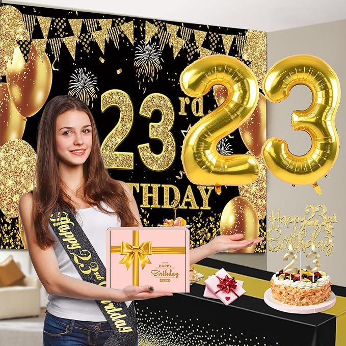 23rd Birthday Decorations Men Women with 23rd Birthday Banner, Black and Gold Table Cloth, Number Balloons, Large Sash, Cake Topper and Candles