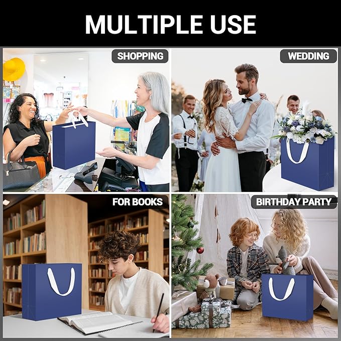 EUSOAR Blue Gift Bags Bulk, 12 pack 12.5"x4.5"x11" Kraft Paper Shopping Bags with Handles Bulk, Retail Gift Wrapping Bags for Business, Craft Grocery, Boutique, Retail, Party Favor, Wedding