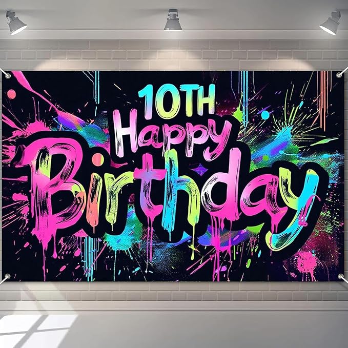 Neon 10th Happy Birthday Banner 71x43 Inch Paint Splatter Glow in The Dark Party Backdrop Colorful Wall Decor for Kids Boys Girls Tenth Birthday Celebrations Photo Booth Event Supplies partyjju`sexclusive