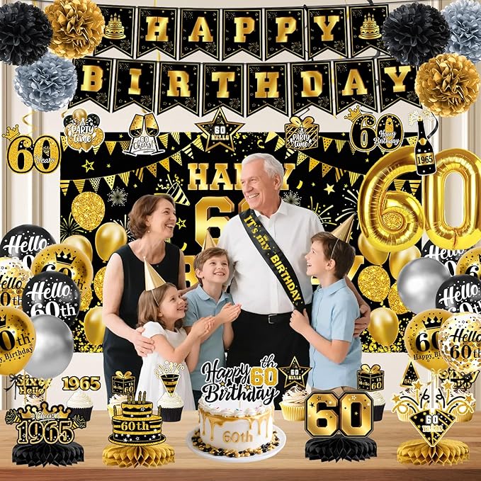 partyjju`s 58PCS 60th Birthday Decorations for Men Women, 60th Black Gold Party Supplies Backdrop, Honeycomb Centerpieces, Banner, Hanging Swirls, Foil & Latex Balloon, Cake & Cupcake Toppers, Pompons, Sash