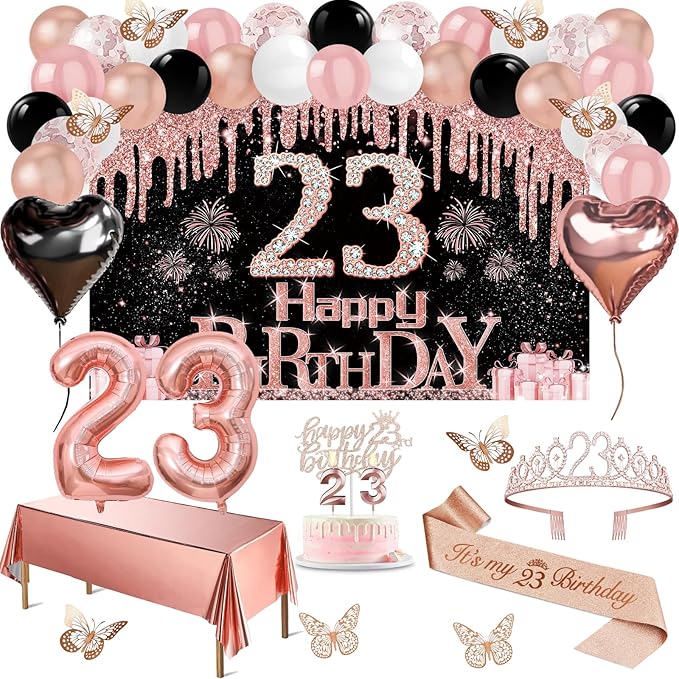 23rd Birthday Decorations for Her, 49pcs Black Rose Gold Black Banner, Tablecloth, Butterfly Decor, 23rd Birthday Sash and Tiara, Cake Topper, Candles, Balloons Arch