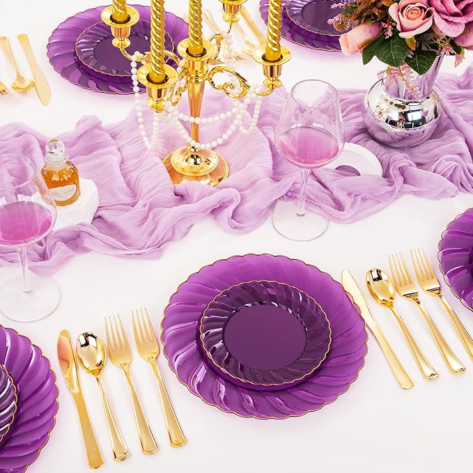 YOUBET 125PCS Purple Plastic Dinnerware Set - Gold and Clear Purple Disposable Plates Include 50 Plastic Plates 75 Silverwares for Wedding Birthday Parties