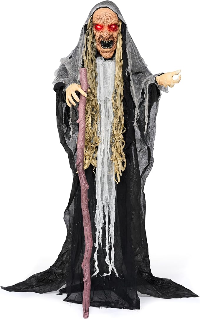 JOYIN 65” Halloween Decorations Outdoor Animatronics Standing Hunchback Witch with Light Creepy Sound Decor, Radar Motion Activated Scary Haunted House Prop for Yard Lawn Garden Outside Indoor