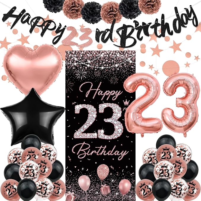 23rd Birthday Decorations for women, TSVATE Rose Gold Happy 23rd Birthday Decorations, Happy 23 rd Banner, Twenty Three Backdrop for Yard Door Wall, 23 Balloons, Pompoms, Star Streamer