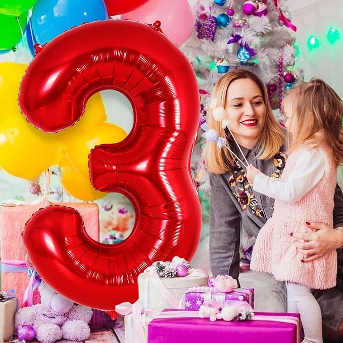 Red Number 3 Balloon 40 Inch, Big Large Foil Helium Number Balloons, Jumbo Giant Mylar Number 3 Balloons for 3 Year Old Birthday Red Party Decorations Supplies Anniversary