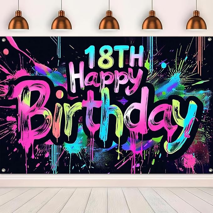 Neon 18th Happy Birthday Banner 71x43 Inch Glow in The Dark Party Backdrop Colorful Wall Decor for Adults Boys Girls Eighteenth Birthday Celebrations Photo Booth Props Event Supplies