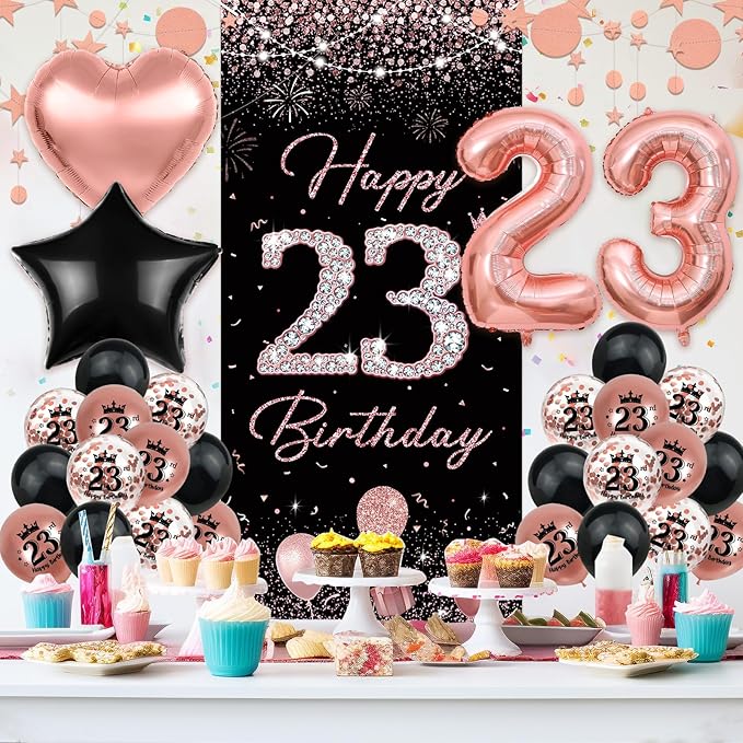 23rd Birthday Decorations for women, TSVATE Rose Gold Happy 23rd Birthday Decorations, Happy 23 rd Banner, Twenty Three Backdrop for Yard Door Wall, 23 Balloons, Pompoms, Star Streamer